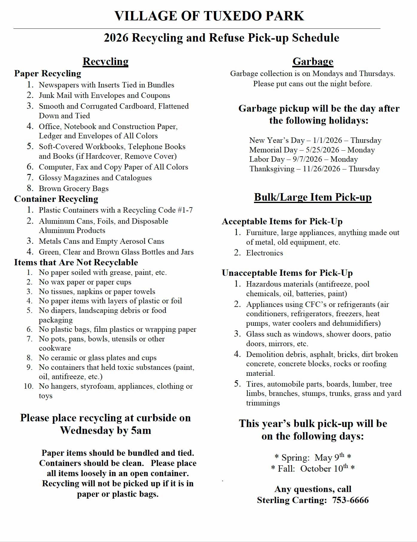 Recycling and Refuse Pick-up Schedule 2026